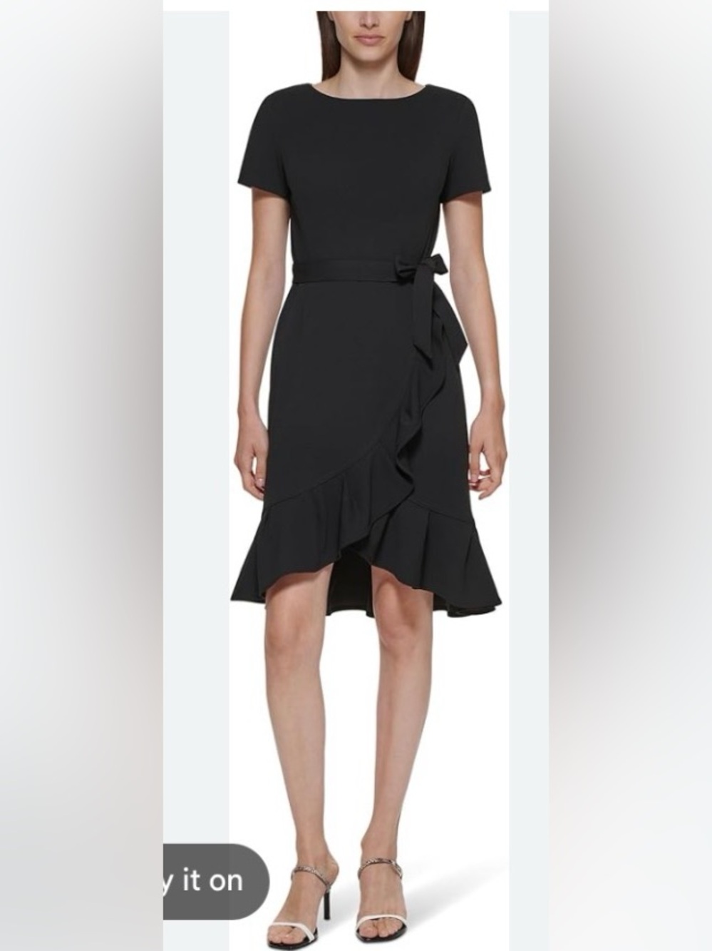 Calvin Klein NWT Black Short-Sleeve Ruffle Wrap Midi Dress Size 4 - Picture 2 of 10